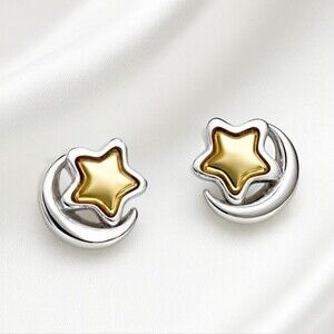 Silver Crescent Moon & Gold Star Stud Earrings – Celestial Minimalist Jewelry